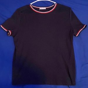 black t-shirt wit white and red stripes